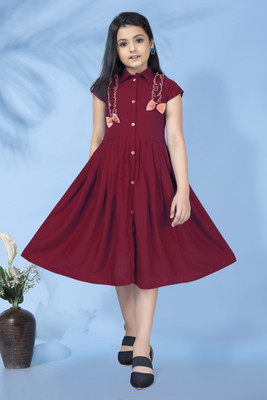 Fashion Dream Girls Below Knee Casual Dress(Maroon, Short Sleeve)