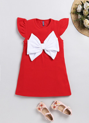 Lazy Shark Girls Midi/Knee Length Casual Dress(Red, Half Sleeve)