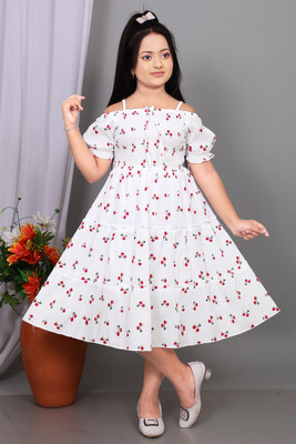 SHREESHYAMDARBAR Indi Girls Midi/Knee Length Festive/Wedding Dress(White, Short Sleeve)