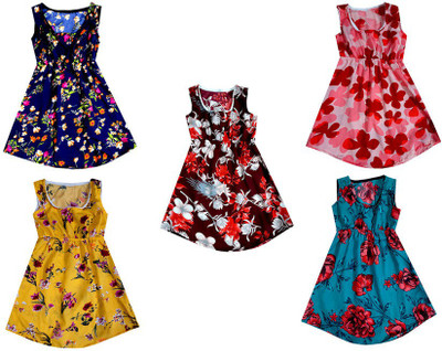 IndiWeaves Girls Below Knee Casual Dress(Multicolor, Sleeveless)