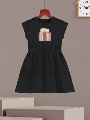 Hellcat Girls Midi/Knee Length Casual Dress(Black, Short Sleeve)