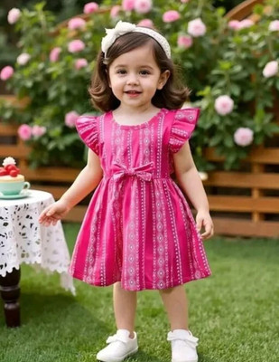 UPTREND VESTURE Girls Midi/Knee Length Casual Dress(Pink, Short Sleeve)