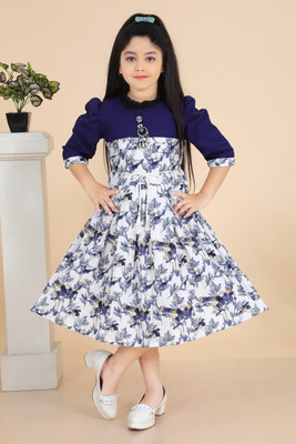 Y Rim Mumbai Nurimnisa Girls Below Knee Party Dress(Blue, 3/4 Sleeve)