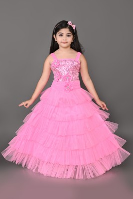 Firstwishh Indi Girls Maxi/Full Length Festive/Wedding Dress(Pink, Sleeveless)