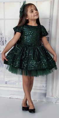 Gen Alfa Girls Midi/Knee Length Party Dress(Green, Short Sleeve)