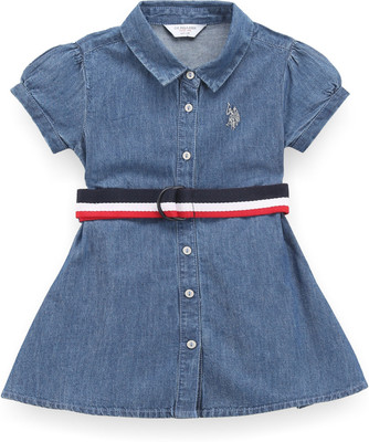 U.S. POLO ASSN. Girls Midi/Knee Length Casual Dress(Blue, Short Sleeve)