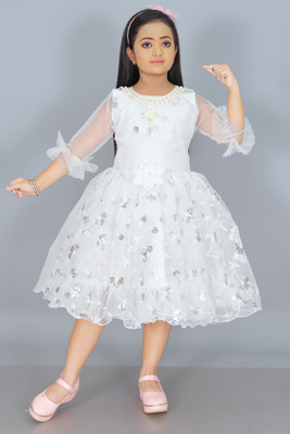 Wellnox Girls Below Knee Party Dress(White, 3/4 Sleeve)