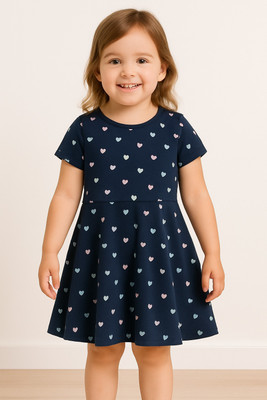 FAST CRY Baby Girls Midi/Knee Length Casual Dress(Dark Blue, Half Sleeve)