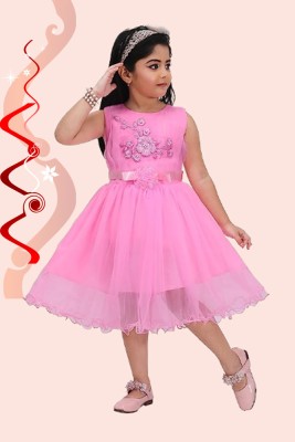 ADSK FASHION Indi Girls Midi/Knee Length Festive/Wedding Dress(Pink, Sleeveless)