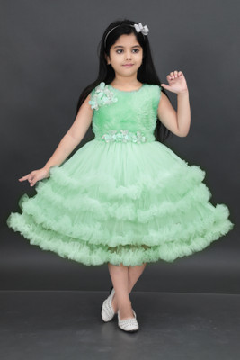 JhilikGarments Indi Girls Below Knee Festive/Wedding Dress(Green, Sleeveless)