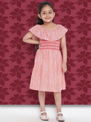 Indo Era Girls Midi/Knee Length Casual Dress(Red, Short Sleeve)