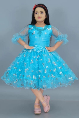 aruna creation Girls Below Knee Party Dress(Blue, 3/4 Sleeve)