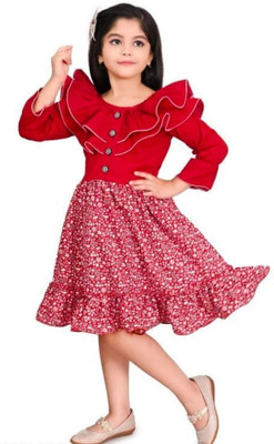 SM MUNIF DRESSES Girls Midi/Knee Length Casual Dress(Red, 3/4 Sleeve)