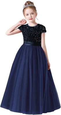 TEQVYZ Girls Maxi/Full Length Party Dress(Blue, Short Sleeve)