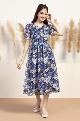 Ompax Girls Calf Length Casual Dress(Blue, Half Sleeve)