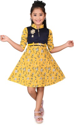 MR KOLKATA Indi Girls Midi/Knee Length Casual Dress(Yellow, 3/4 Sleeve)