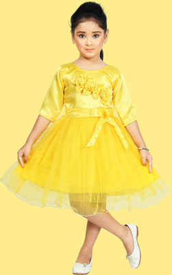 HouseOfCommon Baby Girls Midi/Knee Length Festive/Wedding Dress(Yellow, 3/4 Sleeve)