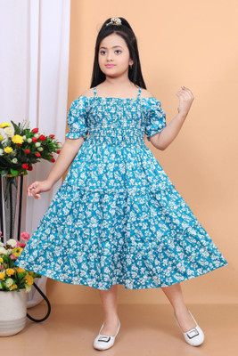 SHREESHYAMDARBAR Indi Girls Midi/Knee Length Festive/Wedding Dress(Light Blue, Short Sleeve)