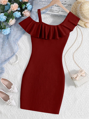 Dhanoo Fashion Girls Below Knee Party Dress(Maroon, Fashion Sleeve)