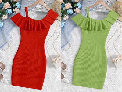 Dhanoo Fashion Girls Below Knee Party Dress(Red, Light Green, Fashion Sleeve)