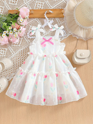 CARTIKKAAY Indi Girls Midi/Knee Length Party Dress(White, Sleeveless)