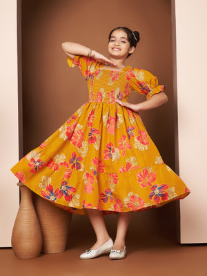 OTABU Indi Girls Midi/Knee Length Casual Dress(Yellow, Half Sleeve)