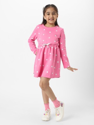 NautiNati Indi Girls Above Knee Casual Dress(Pink, Full Sleeve)