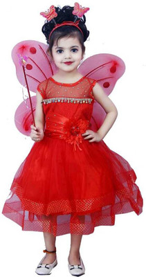 ARUNA CREATIONn Girls Midi/Knee Length Festive/Wedding Dress(Red, Sleeveless)