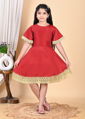 KEEL & BILL Indi Girls Midi/Knee Length Festive/Wedding Dress(Maroon, Half Sleeve)