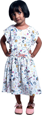 Treasure Look Girls Below Knee Casual Dress(White, Half Sleeve)