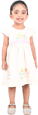 aarom Girls Midi/Knee Length Casual Dress(White, Cap Sleeve)