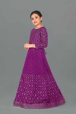 Mirrow Trade Girls Maxi/Full Length Festive/Wedding Dress(Purple, 3/4 Sleeve)