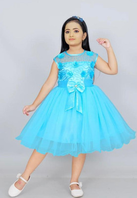 STAJMINADRESSES Indi Girls Below Knee Casual Dress(Light Blue, Sleeveless)