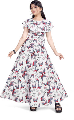 Meraki Fab Girls Maxi/Full Length Casual Dress(White, Fashion Sleeve)