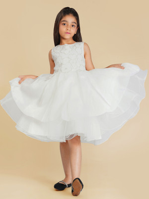 HEREANDNOW Girls Midi/Knee Length Party Dress(White, Sleeveless)
