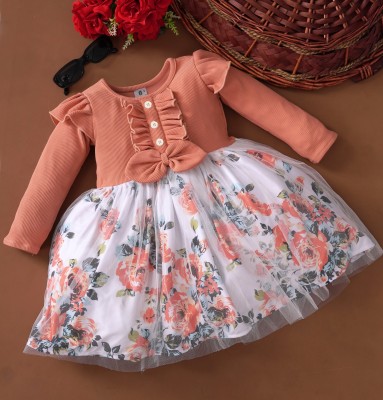 FLORA Baby Girls Midi/Knee Length Festive/Wedding Dress(Orange, Full Sleeve)