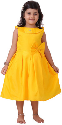 MINSA Girls Below Knee Festive/Wedding Dress(Yellow, Sleeveless)