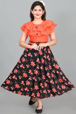 SFC FASHION Girls Maxi/Full Length Party Dress(Orange, Fashion Sleeve)