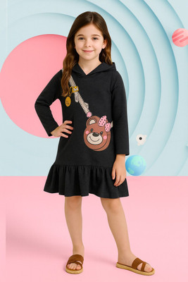 Lazy Shark Girls Midi/Knee Length Casual Dress(Black, Full Sleeve)