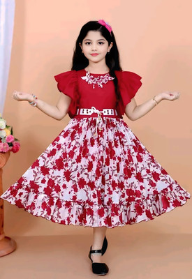 befab enterprise Indi Girls Midi/Knee Length Casual Dress(Red, Sleeveless)