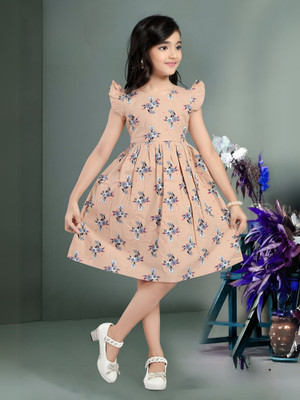 SO FRIC Indi Girls Midi/Knee Length Casual Dress(Brown, Sleeveless)