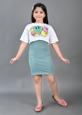 Anaya Azrin Indi Girls Calf Length Casual Dress(Green, Short Sleeve)