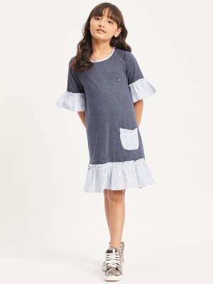 Purple United Kids Girls Midi/Knee Length Casual Dress(Dark Blue, Half Sleeve)