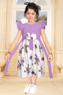 OM Fashion Girls Midi/Knee Length Casual Dress(Purple, Cap Sleeve)