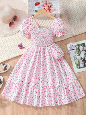 dhvani fashion Indi Girls Midi/Knee Length Casual Dress(Pink, Short Sleeve)