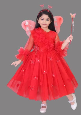 Maqorama Fashion Girls Midi/Knee Length Party Dress(Red, 3/4 Sleeve)