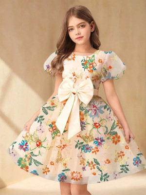 SANVI ENTERPRISE Indi Girls Midi/Knee Length Festive/Wedding Dress(Yellow, Short Sleeve)