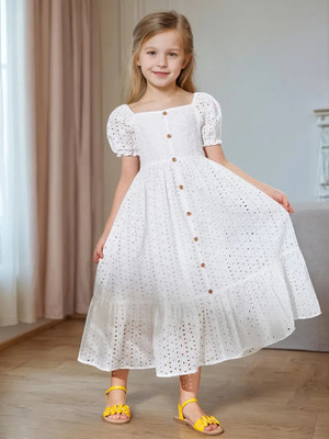 Gen Alfa Girls Midi/Knee Length Party Dress(White, Short Sleeve)