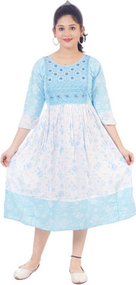 ANG FASHION Indi Girls Midi/Knee Length Casual Dress(Multicolor, 3/4 Sleeve)