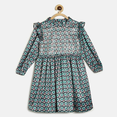 MINI KLUB Girls Midi/Knee Length Casual Dress(Green, Full Sleeve)